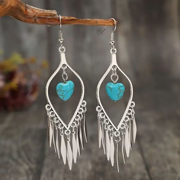 New - Boho Feather Tassel Heart Turquoise Dangle Earrings - Picture 2 of 9